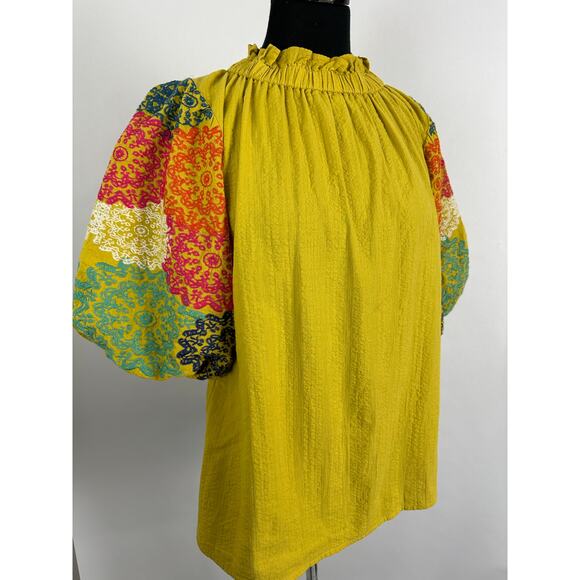 THML Size Large Embroidered Ruffled Mock Neck Top Boho Puff Sleeves Yellow - Picture 2 of 10
